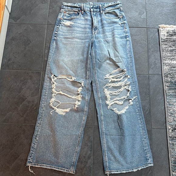 AE Stretch Curvy Super High-Waisted Baggy Straight Blue Jeans - Picture 4 of 7